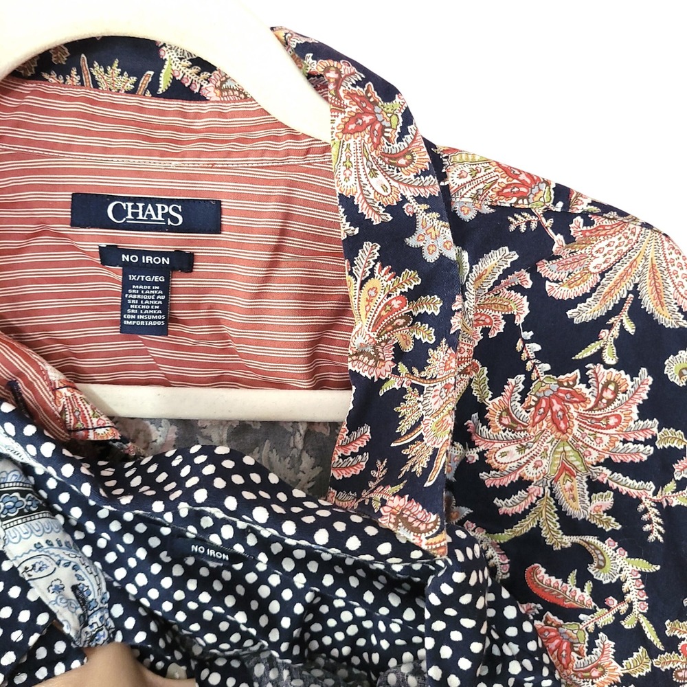 2 Chaps Womens 1X No Iron Button Down Shirt Paisley Polka Dot Navy Blue Cotton